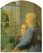 Georg Friedrich Kersting Zwei Kinder vor einem Papageienbauer oil painting artist